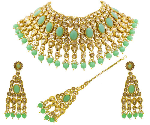 Traditional Kundan & Mint Pearl Choker Necklace Set for Women