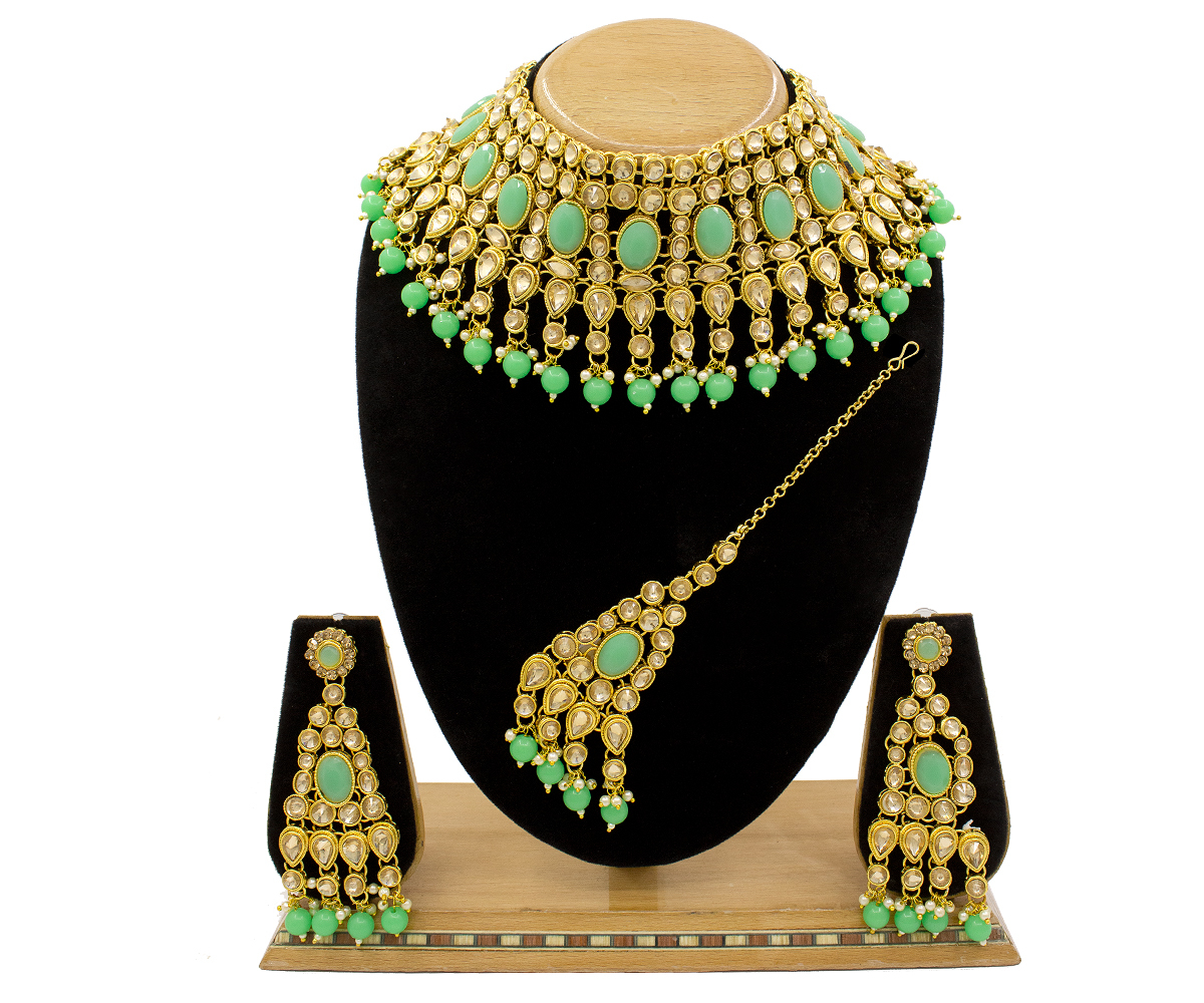 Traditional Kundan & Mint Pearl Choker Necklace Set for Women