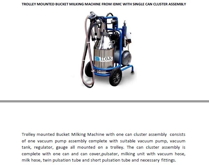 Trolley Mounted Bucket Milking Machine with one Can Cluster Assembly