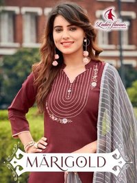 Marigold Rayon Kurtis Catalogue Set - Cotton Polyester Top & Bottom, Pure Banarasi Dupatta | Printed, Washable, Casual Wear For Ladies