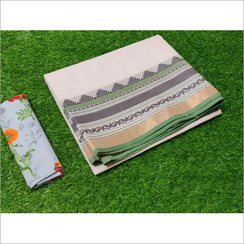 Casual Ladies Plain White Border Cotton Saree