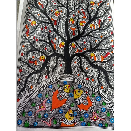 Fish Pond Below The Tree Hanging Mithila Wall Painting Size: Different Size Available