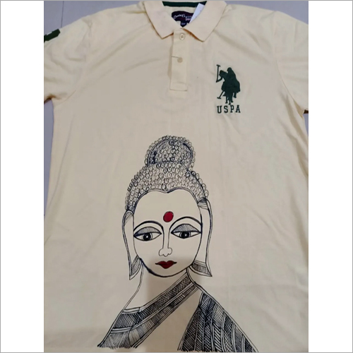 T-Shirts With Mithila Painting Buddha - Printed Cotton Polo, Half Sleeve | Available in Different Sizes, Unique Artistic Design