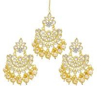 Traditional Jewellery Gold Plated Kundan & Pearl Maang Tikka Set For Women& Girls