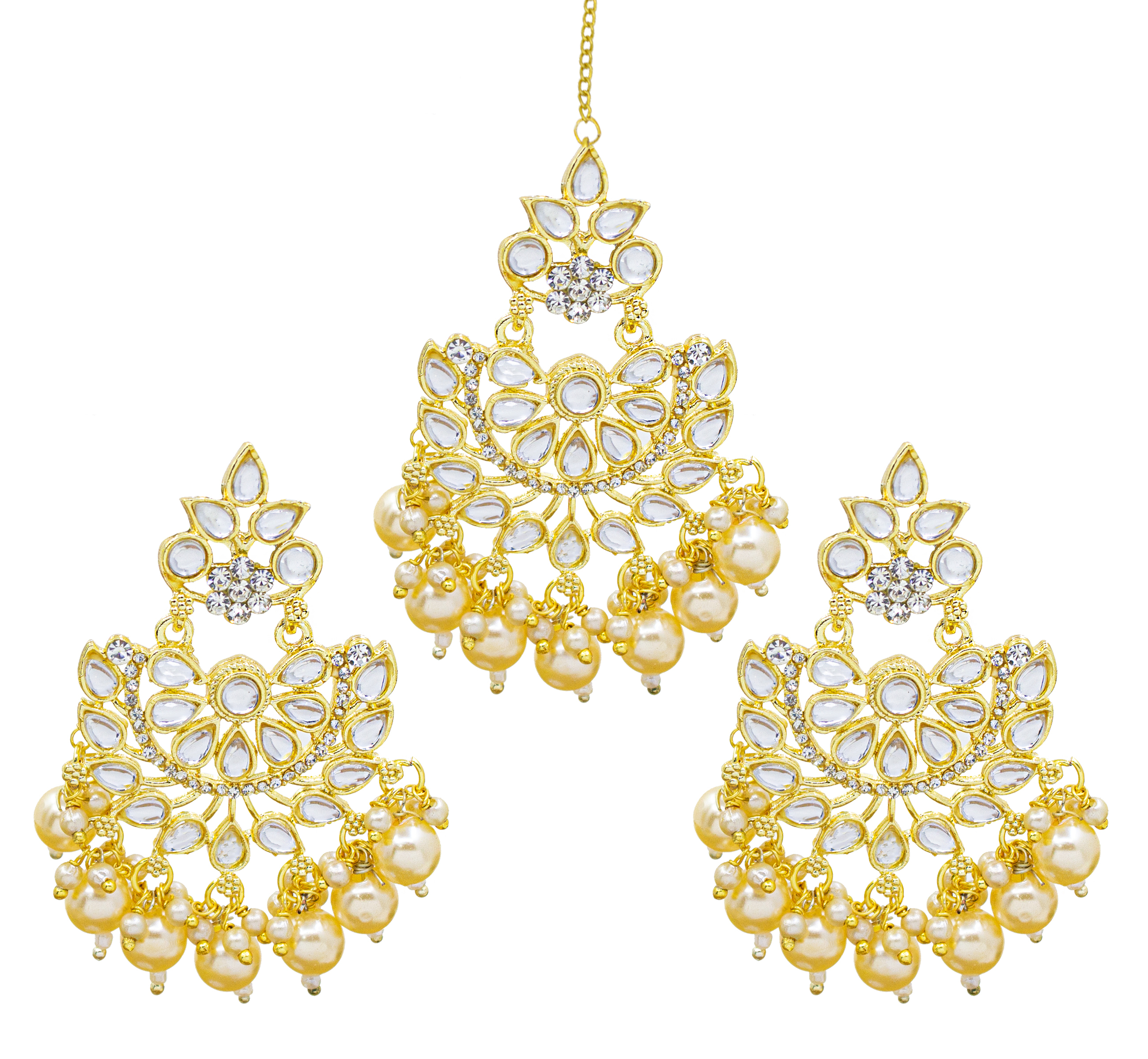Traditional Jewellery Gold Plated Kundan & Pearl Maang Tikka Set For Women& Girls