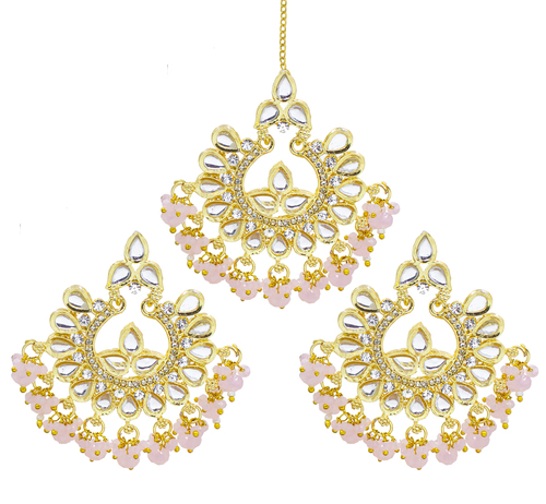 Traditional Jewellery 18K Gold Plated Kundan & Pearl Maang Tikka Earring Set for Women Girls