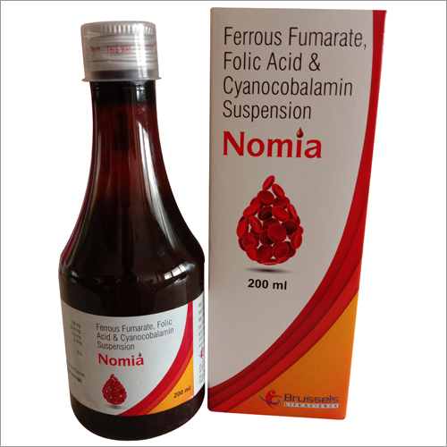नोमिया सिरप सामग्री: फेरस फ्यूमरेट 100Mg+फोलिक एसिड 500Mcg+Vit.B12 5Up Syp