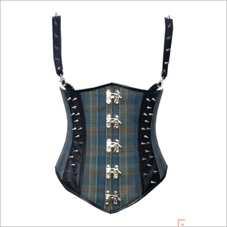 Blue Checkered Cotton Black Leather Straps Gothic Corset