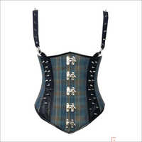 Blue Checkered Cotton Black Leather Straps Gothic Corset