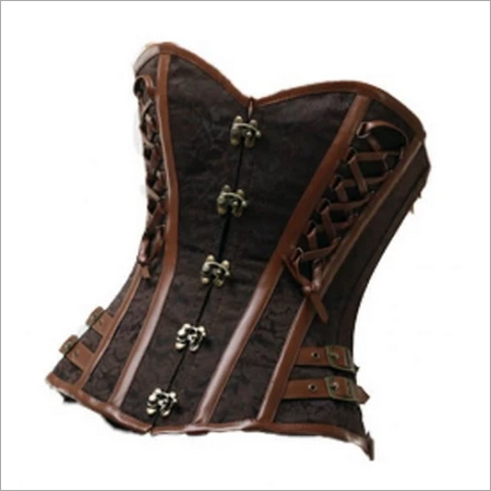 Brown Brocade Leather Straps Gothic Steampunk Bustier Waist Training Overbust Corset Top
