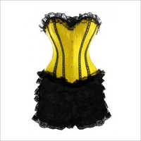 Yellow Sating Corset Black Frill Tutu Skirt Waist Training Costume Overbust Dress