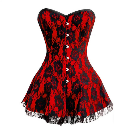 Red Satin Corset Dress With Net Burlesque Waist Trtainging Costume Overbust
