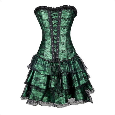 Green Satin With Skirt Gothic Burlesque Corse Waist Training Overbust Dress