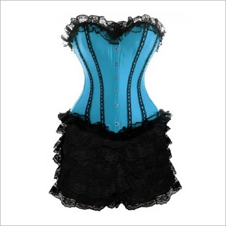 Blue Satin Black Frill Tutu Skirt Burlesque Corset Waist Training Overbust Dress