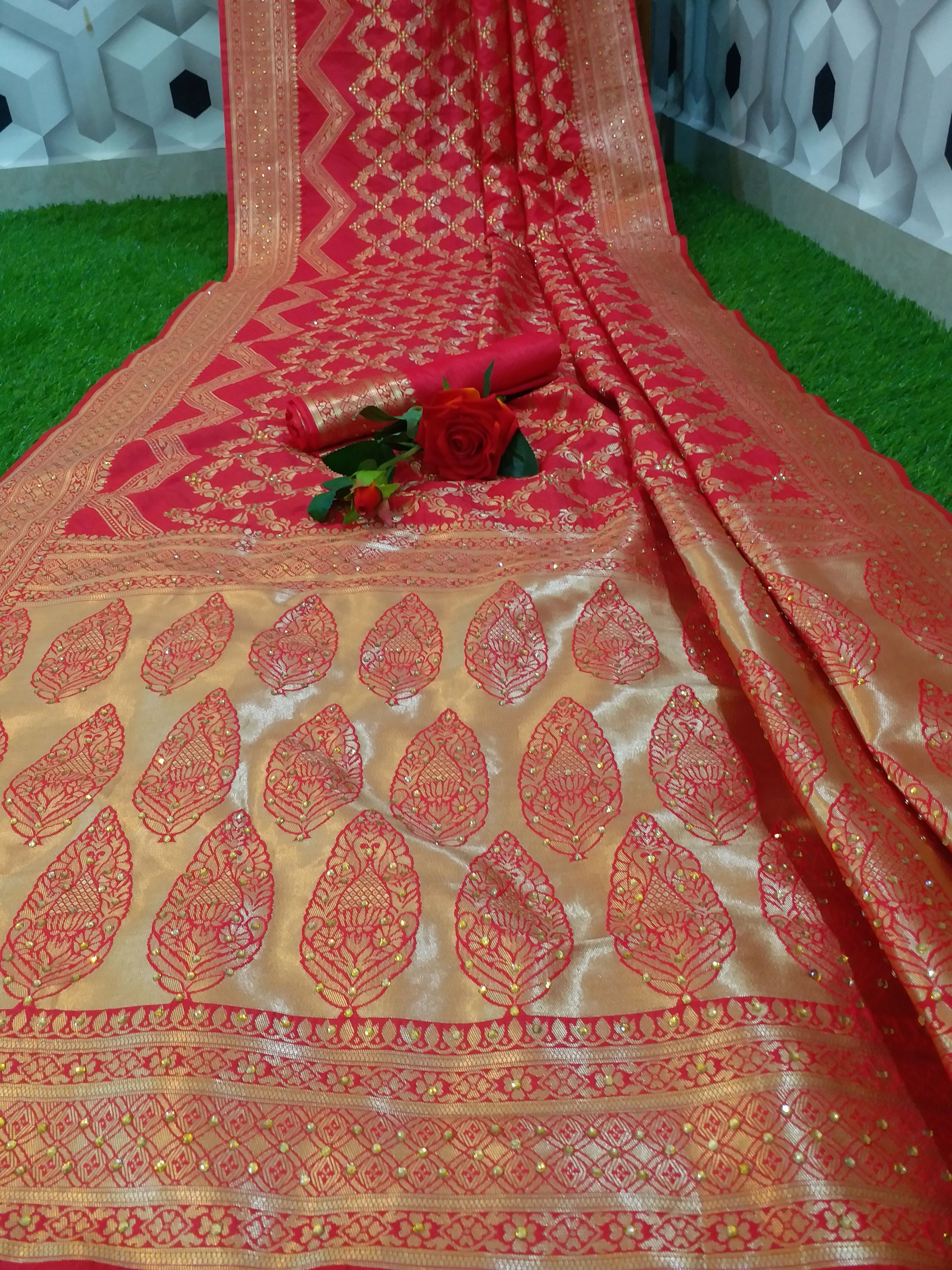 Ladies Red Blend Woven Silk Designer Bandhej Saree