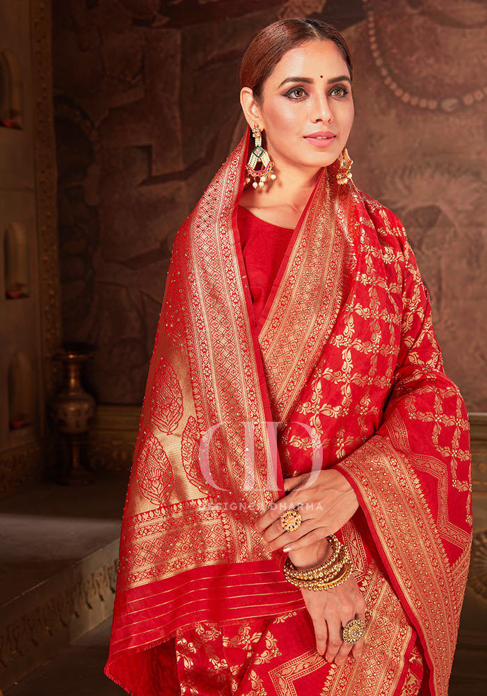 Ladies Red Blend Woven Silk Designer Bandhej Saree