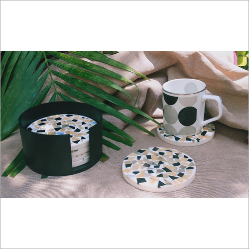 Coasters Yellow-black-round Set Of 6 With Stand