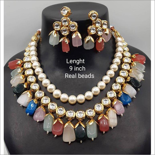 9 Inch Real Beads Kundan Set Gender: Women