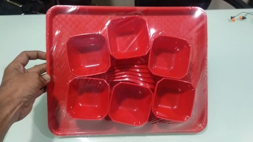 Red Plastic Serving Tray And Bowl Set