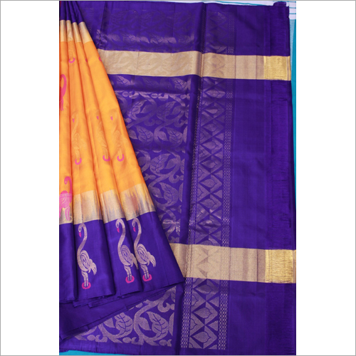 Orange Gold Blue Pattu Soft Silk
