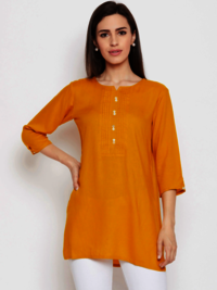 Women Tunic Top - Viscose Rayon, Length 762mm, Three-quarter Sleeves, Solid Beige, Peach, Navy Blue, Yellow, Red | Casual Daily Wear, Machine Washable, Size L To Xxxl