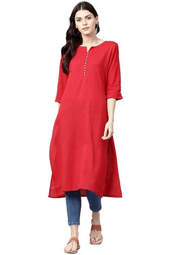 Women Cotton Solid Kurta - 42 Inch Length, 3-4th Sleeve | Perfect for Casual, Wedding, and Party Wear in Red, Brown, Orange, White