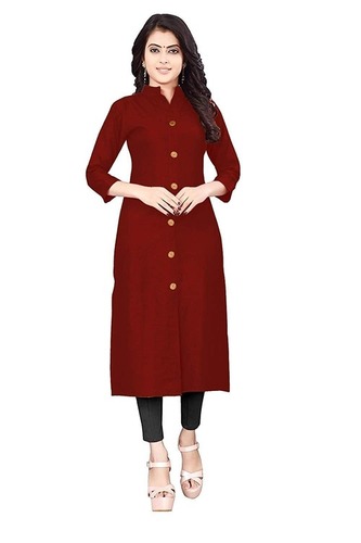 Women Cotton Solid Kurta - Cotton, 42 Inch Length, 3-4th Sleeve, Available in Brown, Green, Teal Blue, White, Sky Blue, Olive Green | Ideal for Casual, Wedding, Party Wear