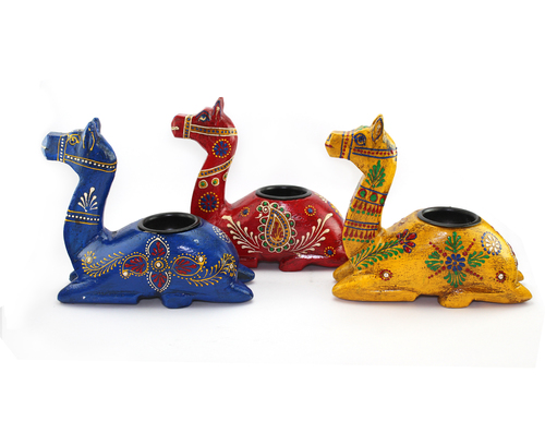 Wooden Handicraft Camel Candle Stand Set Of Three