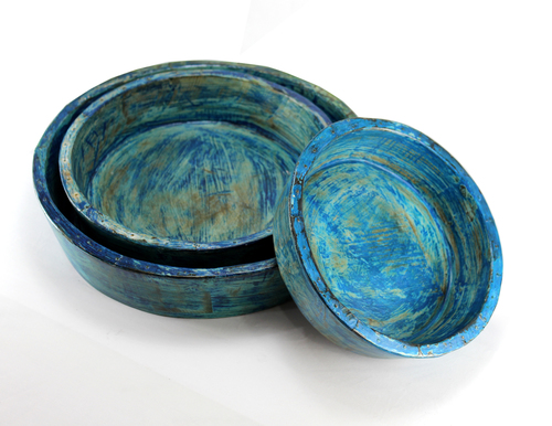 Wooden Handicraft Distressed Blue Round Tray Set Of 3
