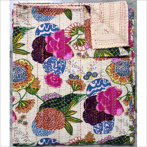 Multicolor Jaipuri Kantha Fruit Print Single Bed Cover
