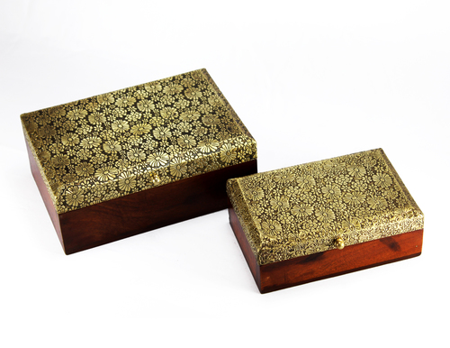 Wooden Handicraft Brass Small Jewelry Box Set Of 2