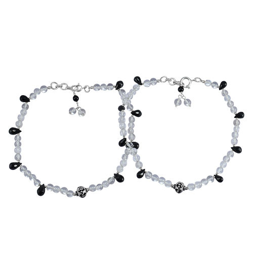 Natural Crystal Quartz & Black Onyx Gemstone Anklet 925 Sterling Silver Beaded Anklet For Women