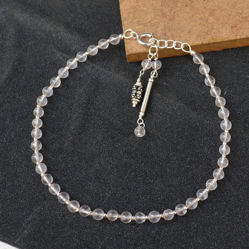 Mz At-20017 Natural Rose Quartz Gemstone Anklet 925 Sterling Silver Beaded Anklet Size: Minimum - 27 Maximum - 28.5