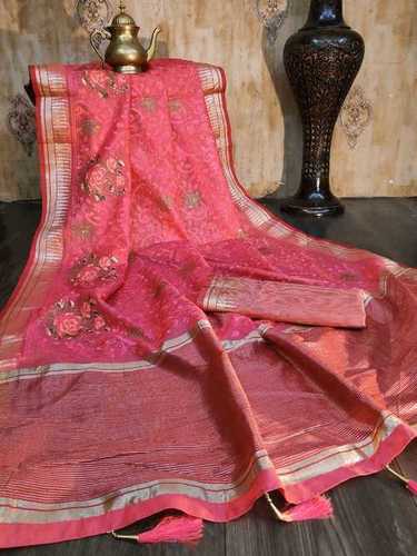 Linen Silk Sarees With Stone And Embroidery Work