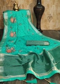 Linen Silk Sarees With Stone And Embroidery Work