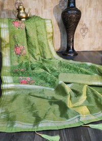 Linen Silk Sarees With Stone And Embroidery Work