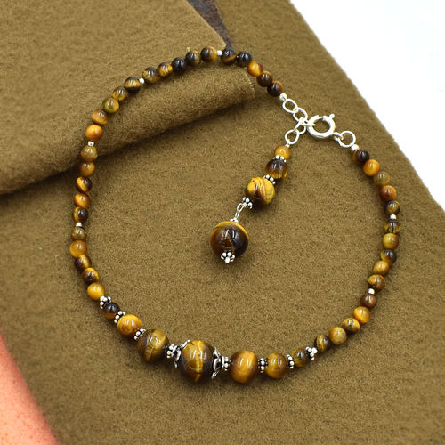 Mz At-20055 Natural Tiger Eye Gemstone Anklet 925 Sterling Silver Beaded Anklet For Women & Girls Size: Minimum - 27 Maximum - 28.5