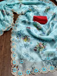 ORGANZA PRINTED WITH CODING EMBROIDERY WORK SAREES
