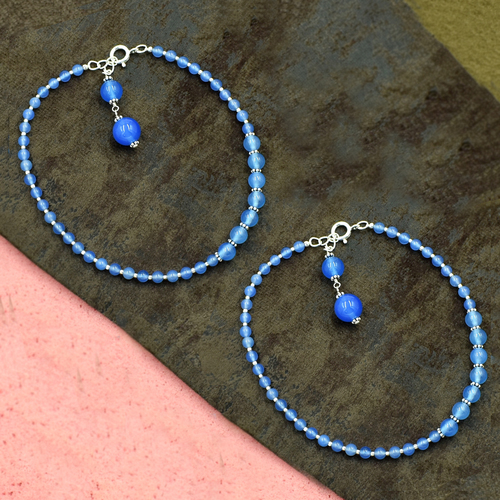 Natural Blue Chalcedony Gemstone Anklet - 925 Sterling Silver Beaded Design, Unisex Wear for Women & Girls, Adjustable Size 27-28.5 cm