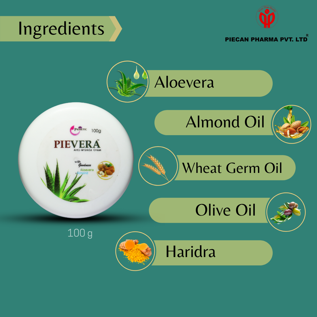 Pievera Anti-Wrinkle Cream with goodness of Aloevera &Almond, 100g