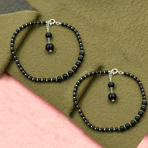 Mz At-20064 Natural Black Onyx Gemstone Anklet 925 Sterling Silver Beaded Anklet For Women & Girls Size: Minimum - 27 Maximum - 28.5