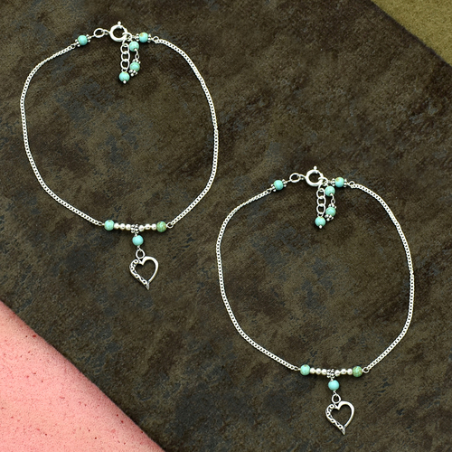 MZ AT-20098 Turquoise Gemstone & Heart Shape Charm Anklet 925 Sterling Silver Beaded Anklet For Women & Girls