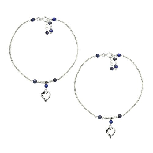 Mz At-20096 Lapis Lazuli Gemstone & Heart Shape Charm Anklet 925 Sterling Silver Beaded Anklet For Women & Girls Gender: Unisex