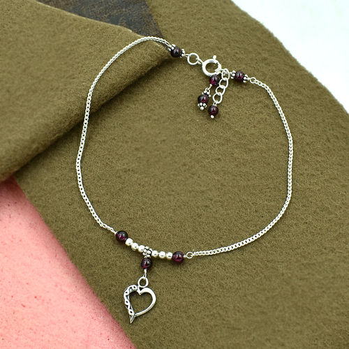 Mz At-20095 Natural Garnet Gemstone & Heart Shape Charm Anklet 925 Sterling Silver Beaded Anklet For Women & Girls Size: Minimum - 27 Maximum - 28.5