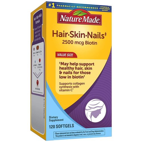 Nature Made Hair/Skin/Nails Softgels - 2500mcg Biotin, 120 Count | Supports Collagen Synthesis with Vitamin C, Promotes Healthy Growth