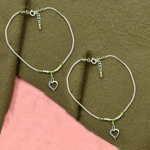 Natural Peridot Gemstone & Heart Shape Charm Anklet 925 Sterling Silver Beaded Anklet For Women & Girls Size: Minimum - 27 Maximum - 28.5