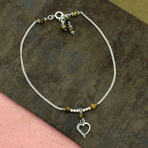 Mz At-20087 Natural Tiger Eye Gemstone & Heart Shape Charm Anklet 925 Sterling Silver Beaded Anklet For Women & Girls Gender: Unisex