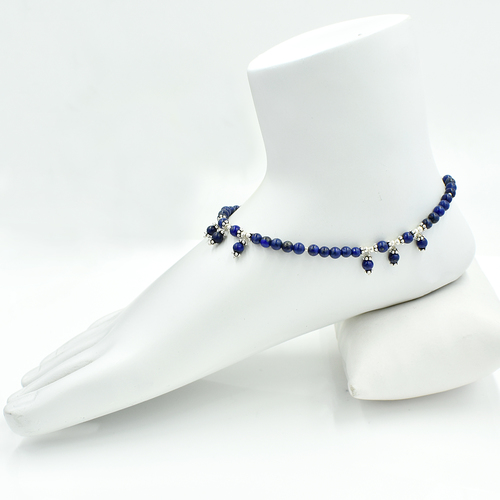 MZ AT-20081 lapis lazuli beaded gemstone anklet 925 sterling silver chain handmade anklet jewelry