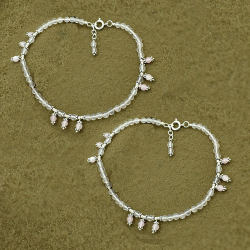 Mz At-20078 Natural Rose Quartz Gemstone Anklet 925 Sterling Silver Beaded Anklet For Women & Girls Size: Minimum - 27 Maximum - 28.5