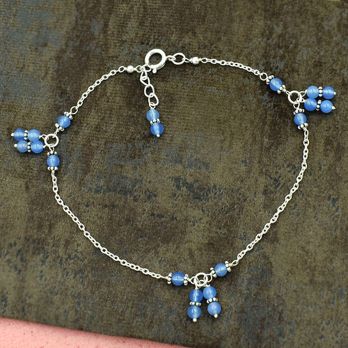 MZ AT-20113 Blue chalcedony Round Gemstone Anklet Silver chain Beaded Anklet For women